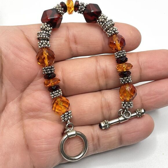 Elyie 925 Sterling Silver Signed Artisan Amber Color Glass Beaded Bracelet - Picture 7 of 8